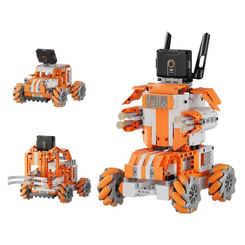 AiBlock AI Vision Kit builds in orange and grey blocks: a humanoid robot, an off-roader and an arm transporter on mecanum wheels, each with the vision module