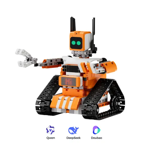 AiBlock Large Model Kit robot tank in orange and grey blocks, with the WonderMind module as its head and a gripper arm
