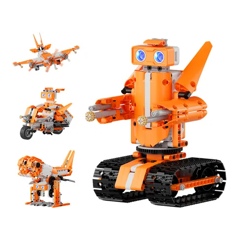 AiBlock builds in orange and grey blocks: a tracked robot with moving arms, a plane, a motorbike and a creature