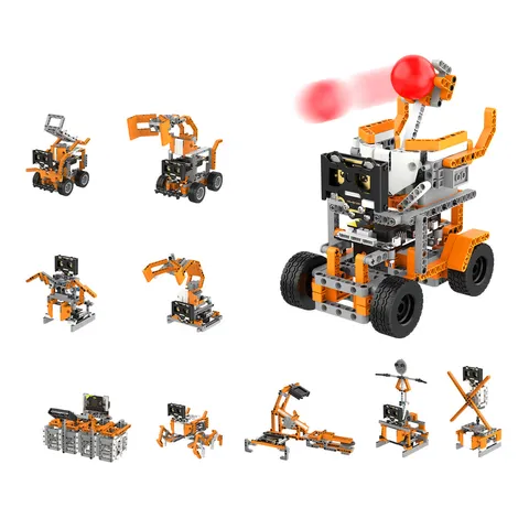 Ten DaDa:bit AI builds in orange and grey blocks, led by a wheeled robot carrying the WonderCam camera