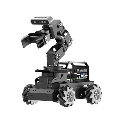 LanderPi on a mecanum wheel chassis, carrying a robot arm with a depth camera above the gripper