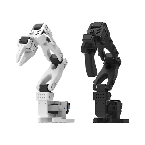 SO-ARM101 follower arm in white and leader arm in black, both in 3D-printed PLA