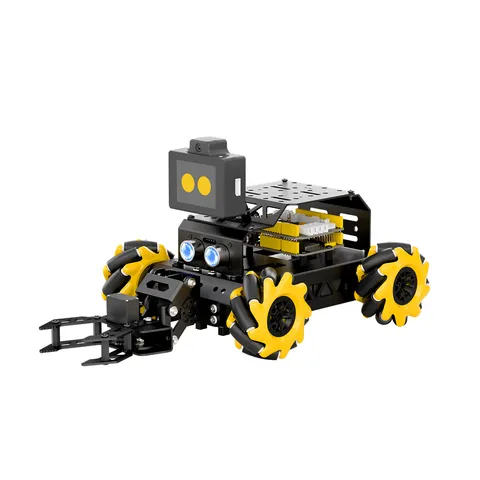 miniAuto Pro Ultimate Kit on yellow mecanum wheels, with the WonderLLM AI module on top and the 2DOF robotic arm at the front