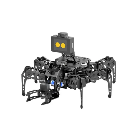 miniHexa Pro hexapod in black aluminium alloy, with the WonderLLM AI module on top and the Advanced Kit's 2DOF arm
