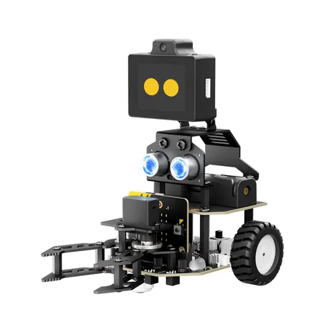 Nexbit AI Advanced Kit: the robot car with the WonderLLM AI module on top, a glowing ultrasonic sensor and a metal gripper at the front