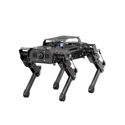 PuppyPi robot dog in black aluminium alloy, standing on its four linkage legs