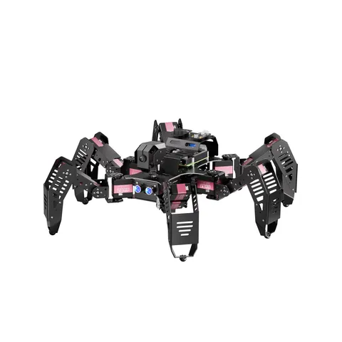SpiderPi hexapod robot in black aluminium with pink servos, with a camera head and a Raspberry Pi on its back