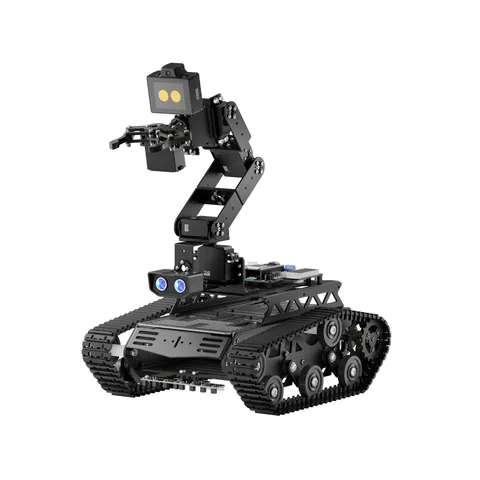 Tankbot Advanced Kit: a black tracked chassis carrying a robotic arm with a gripper, the WonderLLM AI module and an ultrasonic sensor