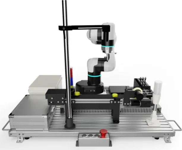 A DOBOT training station: a Magician E6 arm on an aluminium deck with a conveyor and a sensor post