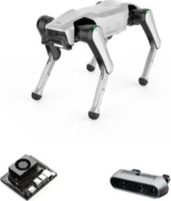 DOBOT Rover X1, a four-legged walking robot, with its compute module and depth camera